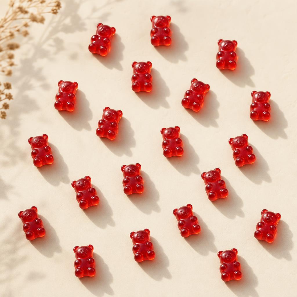 Small red bear-shaped gummies scattered across a warm cream tabletop